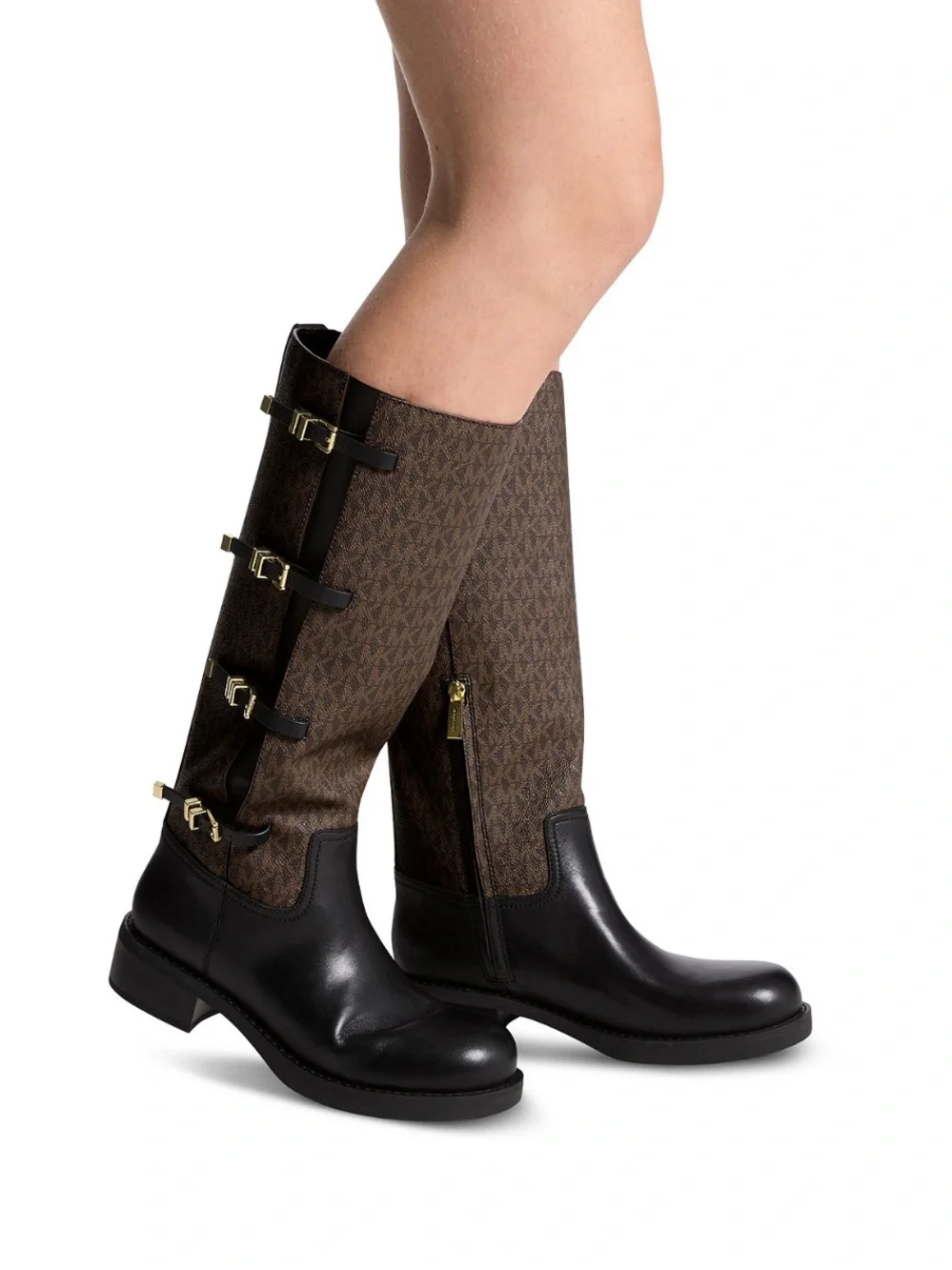 Micheal Kors Over-the-Knee Buckle Leather & Textured Shaft Boot - Black & Brown